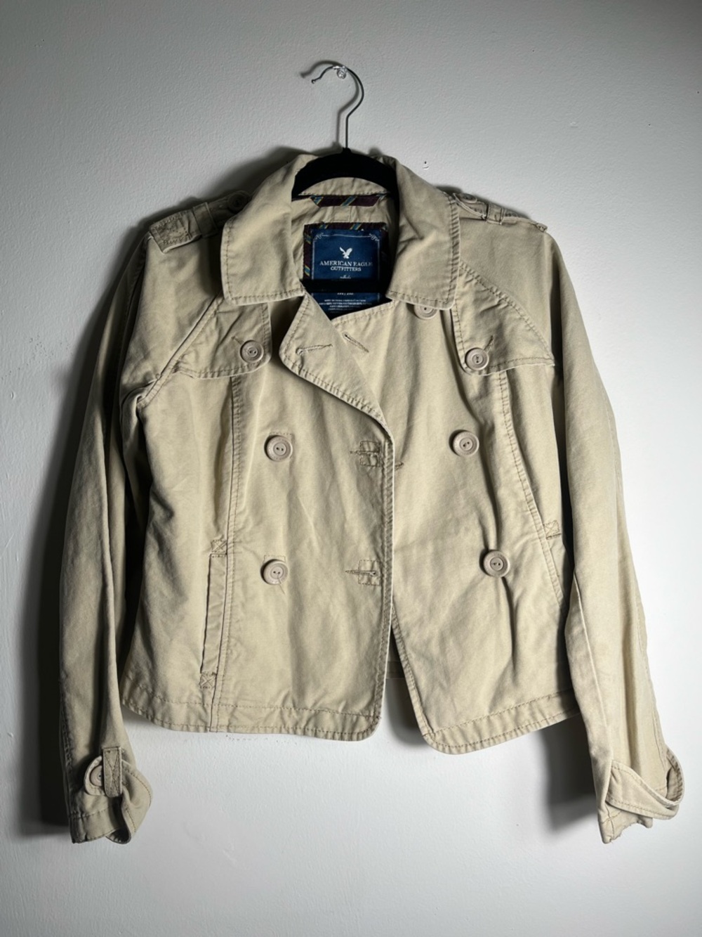 American Eagle Khaki Cropped Trench Jacket Button Front Lightweight Coat